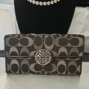 Black Coach Signature Alexandria Slim Envelope Wallet With Silver Ornament